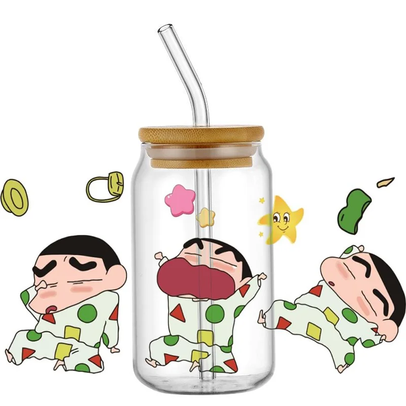 Miniso-Shin-chan Decal Wrap Adesivos, 3D Crayon, Impermeável, UV, DTF Cup, Envoltórios da caneca, DIY, 16oz, Vidro Libbey