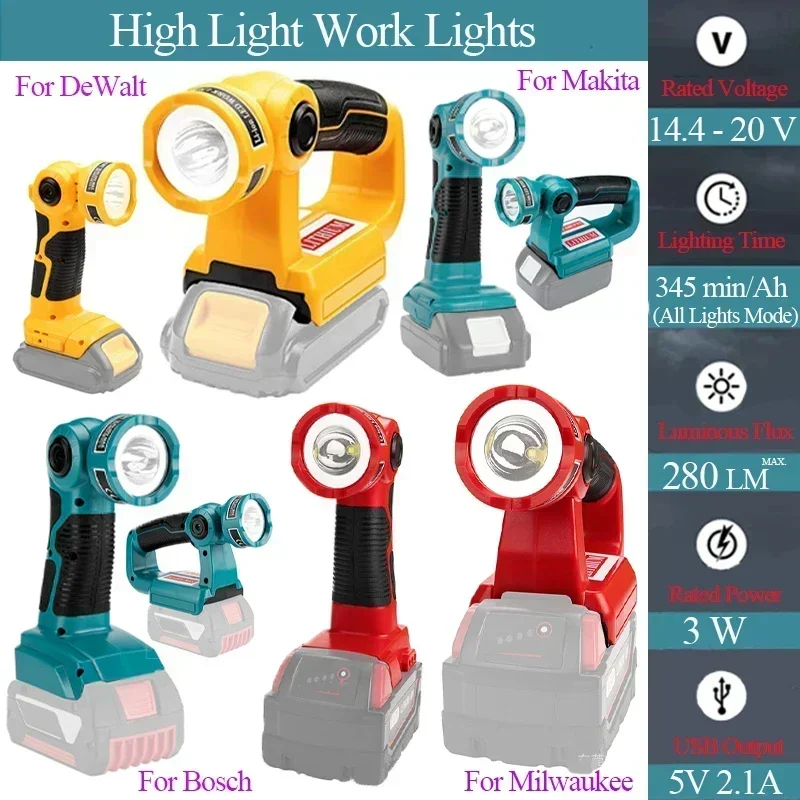 

LED Warning SpotLight Work Lamp Flashlight Torch USB Power Bank For Makita For Bosch For DeWalt For Milwaukee 18V Li-ion Battery