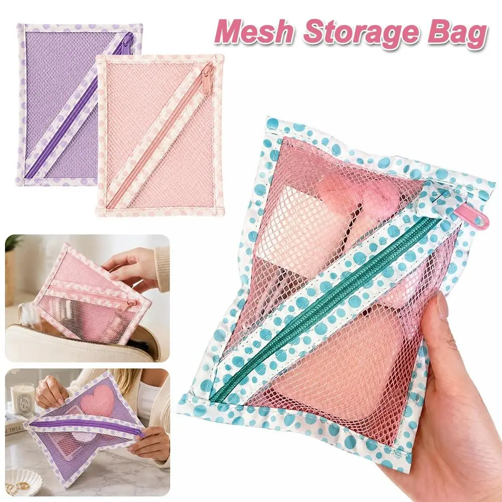 Zipper Closure Mesh Storage Pouch Portable Lightweight Zipper Organizer Bag Wide Opening Retro Style Mesh Storage Bag