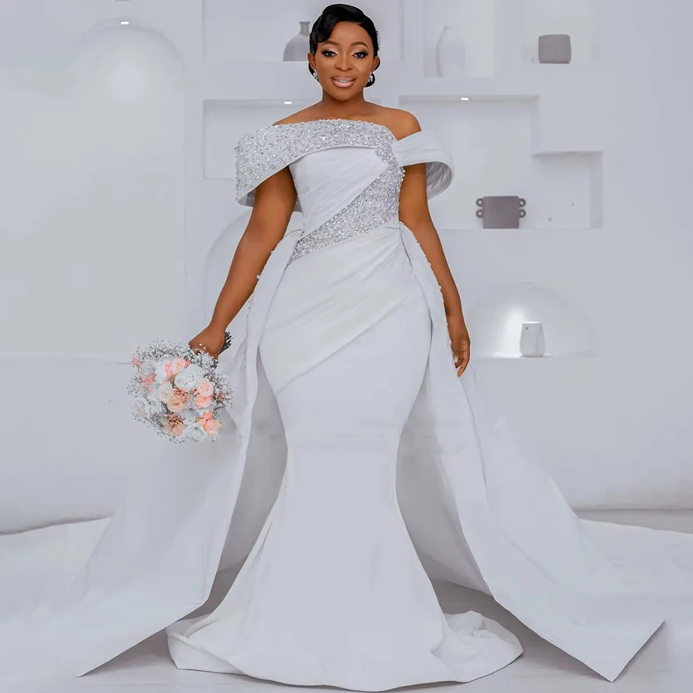 

Long Mermaid Wedding Dresses African Off Shoulder Diamond Bridal Gown Customized Detachable Train robe de mariée Customized