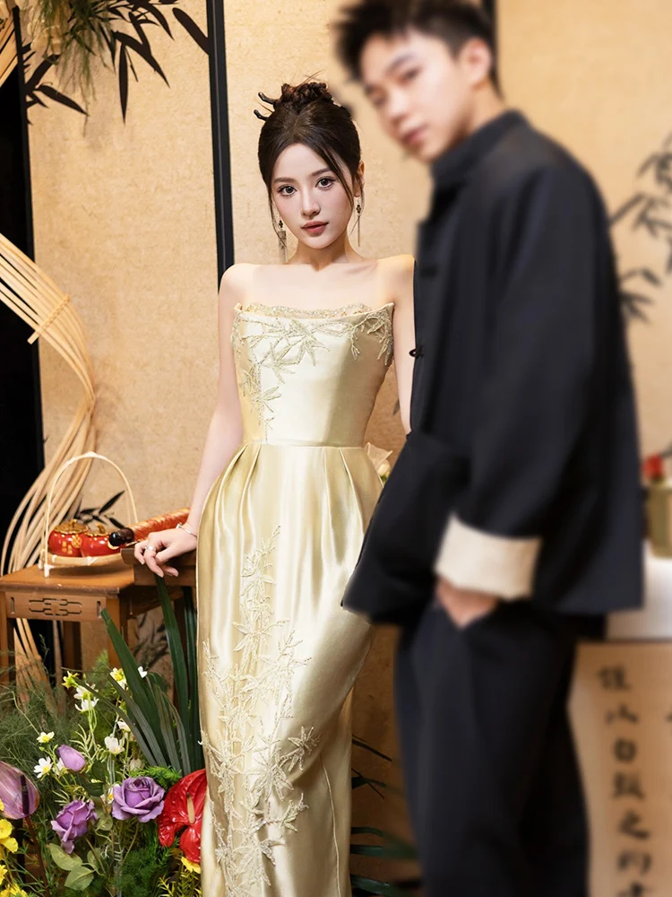 

Новое летнее винтажное свадебное платье Ele для женщин: атласное, с шлейфом, для помолвки, банкета и церемонии