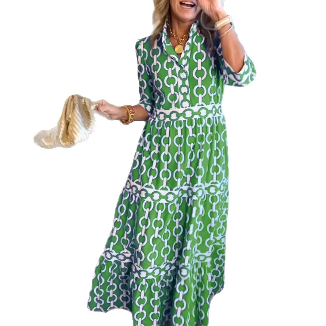 

2025 New Fashion Printed Bat Sleeve Dress Women Autumn Casual Pleated V-neck Long Dresses For Women Vacation Long Skirt