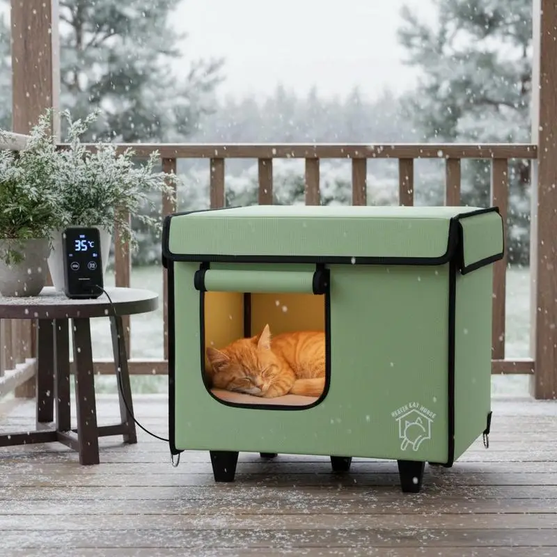 

Small Rectangular Kitty Den 15x13x13in For Indoors Porch Garage, Adjustable Temperature Timer 900D Oxford Cloth Foldable Structure Padded Internal Warmth Green Small Size