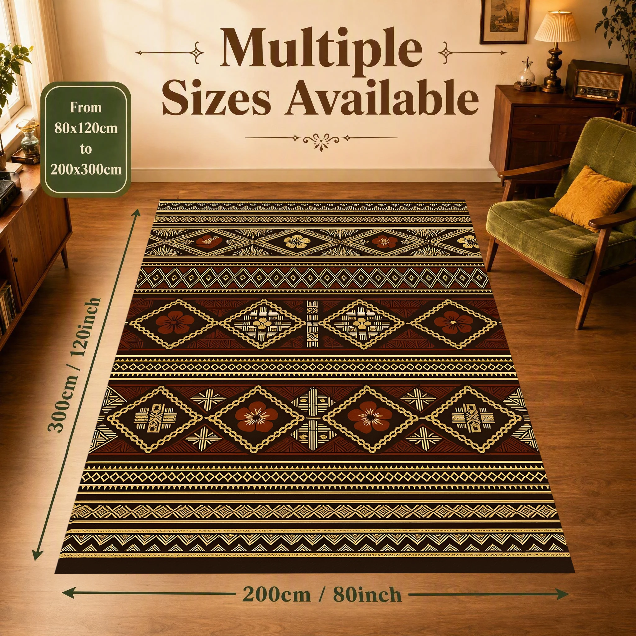 2D Carpet with Red Brown Gold Diamond Ethnic Floral Pattern in Retro Exotic Style for Living Room and Bedroom