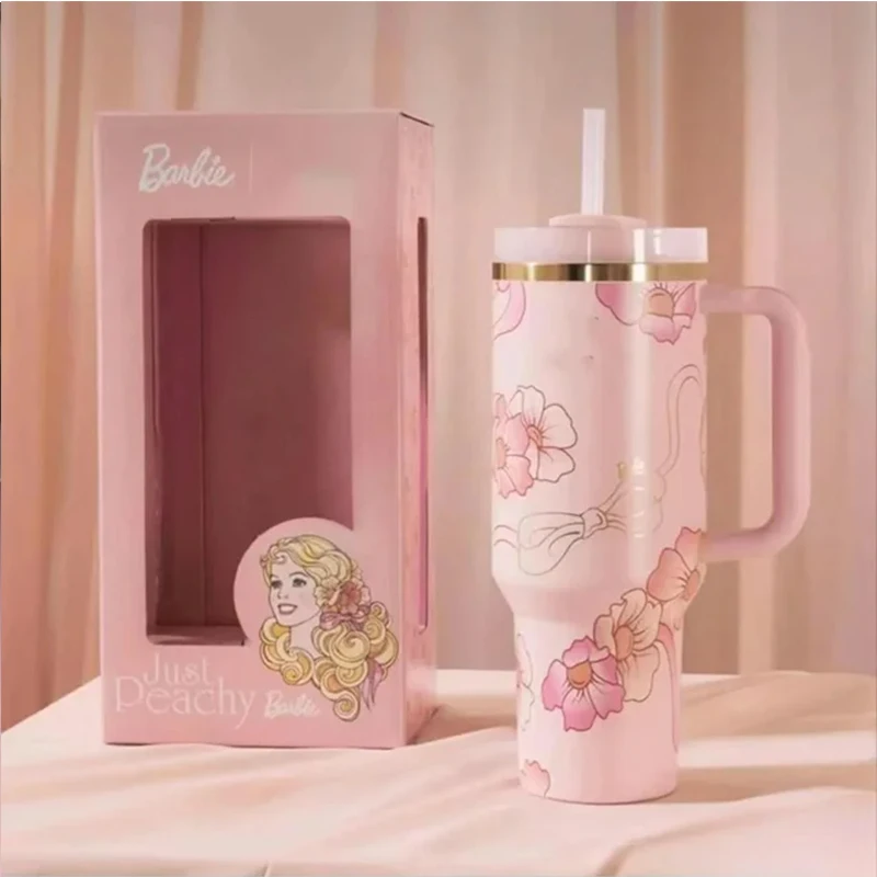 En Stock, mango de Barbie, tapa de paja de acero inoxidable, 40oz, taza de coche con aislamiento al vacío, taza de viaje de hielo caliente de doble pared, regalos de navidad