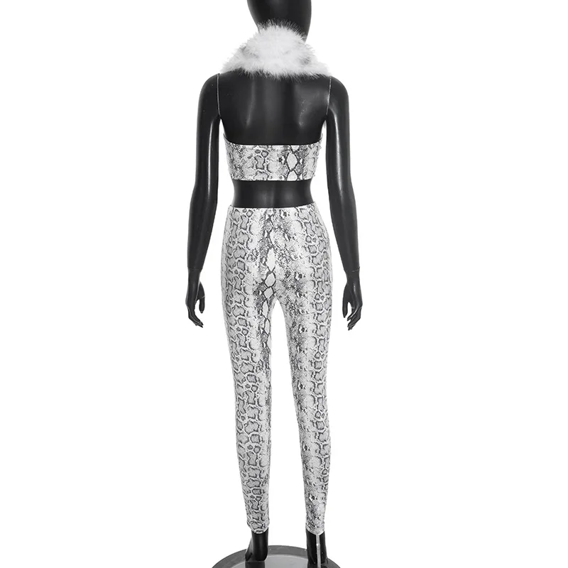 Women Sexy Serpentine Print 2 Piece Set Furry Collar Halter Backless Tank Bodysuits Tops + High Waist Pencil Pants Clubwear Suit