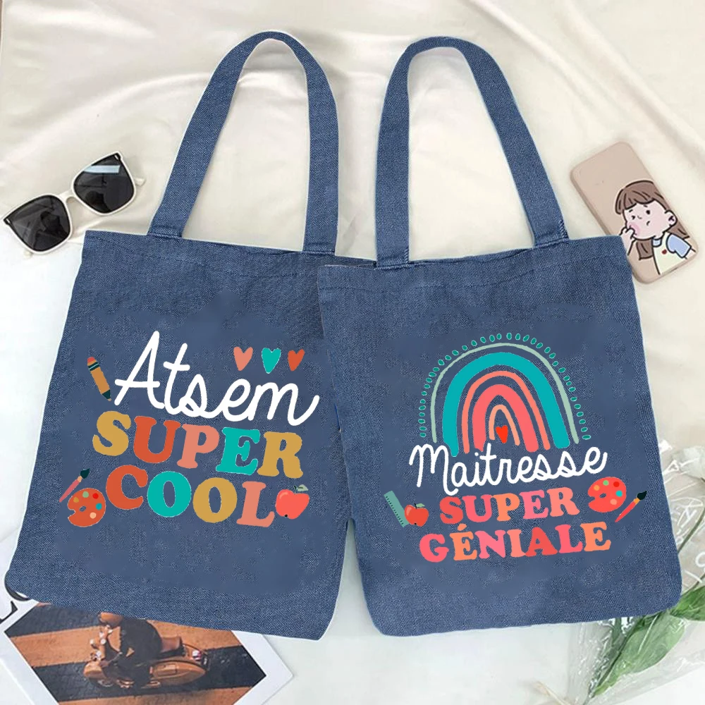 

Super Atsem Maitresse Printed Denim Tote Bag Female Shopping Bags Travel Handbags Teacher's Day Graduate Thanks Gift for Teacher