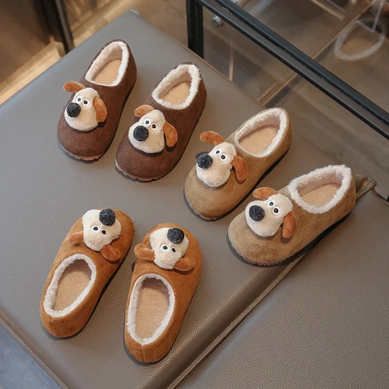 *Lightweight One-word Warm Walking Shoes Baby Winter New Fashion Cute Cartoon Puppy Casual Soft Plus Velvet Flat Cotton Shoes