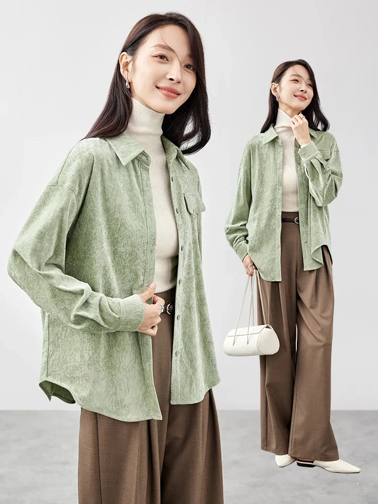 SENTUBILA Corduroy Embroidery Shirt Women 2024 Winter Folds Turn Down Collar Button Down Solid Casual Female Blouse 144C57426