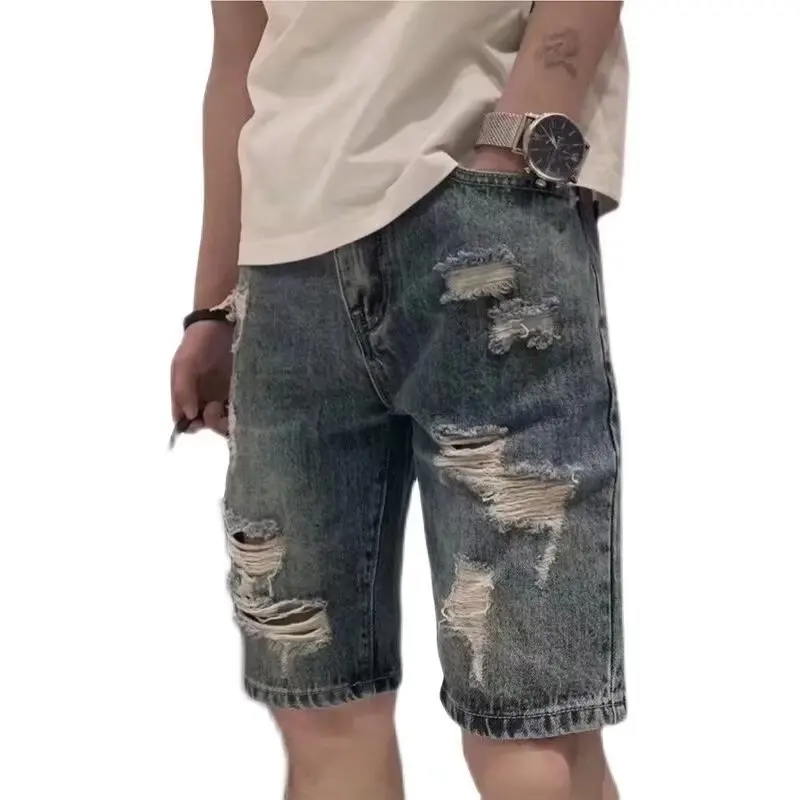 Summer New Men Light Blue Hole Patched Wide Leg Knee Length Simple Basic Casual Trendy Daily Denim Shorts Male Bottom Clothes