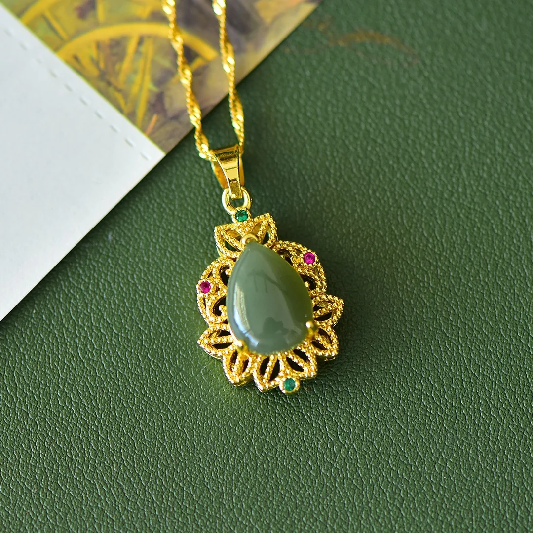 Copper Inlaid With Natural Hetian Jade Dripping Wealth Pendant Women Water Drip Jewellery Gifts