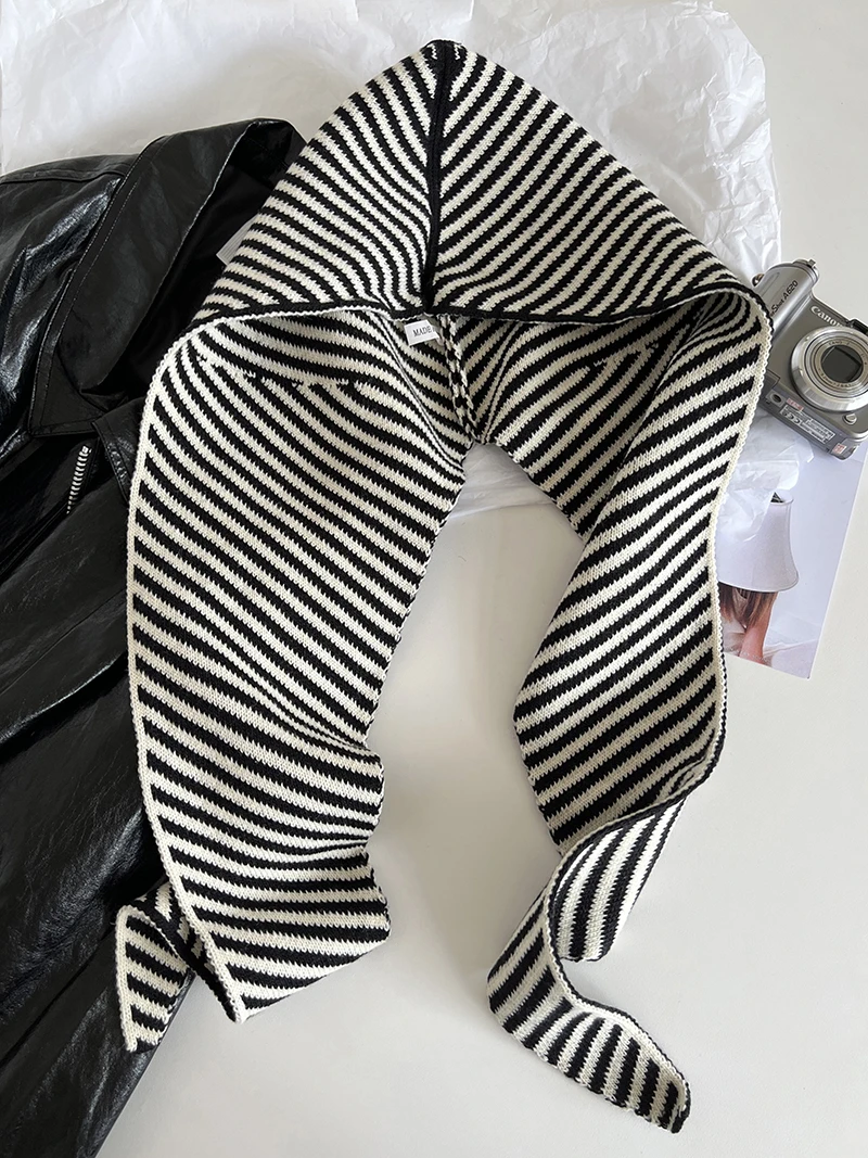 

Корейская атмосфера, синяя полосатая плюшевая шапка-бомбер с ягненком, шарф, интегрированный женский зимний утолщенный теплый шарф с капюшоном