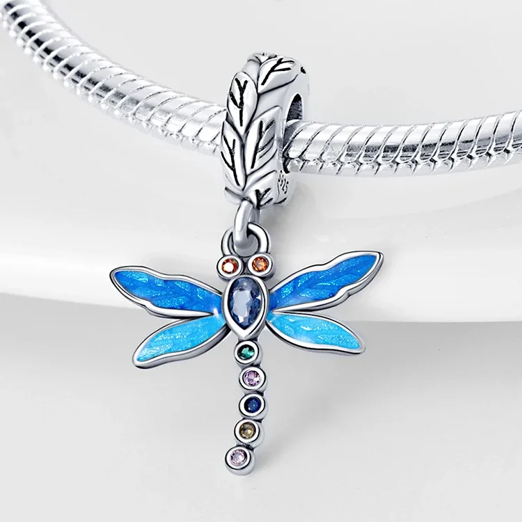 Charms Original 925er Silber vergoldet, blaues Tier, Libelle, Anhänger, Perlen für Armband, DIY, feines Geschenk, Frauen, zarter Schmuck