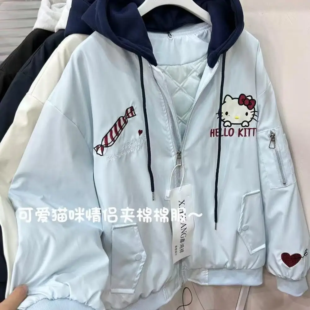 

Kawaii утепленные куртки пальто Sanrio аниме рисунок Hello Kitty бейсбольная форма теплые топы с капюшоном женская студенческая свободная хлопковая куртка