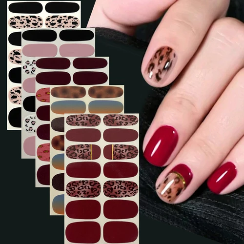 Imagen 2 del producto Pegatinas de uñas con estampado de leopardo de 14 puntas, Parche de uñas Simple, calcomanía florística de larga duración, diseño de manicura DIY, Color sólido en otoño