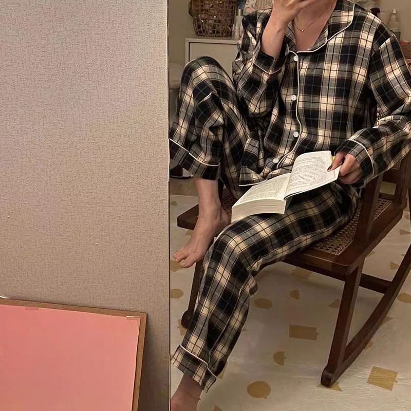 1 Set Casual Pajamas Women\'s Autumn Home Lapel Cardigan Two-piece Set Plaid Homewear Sleepwear