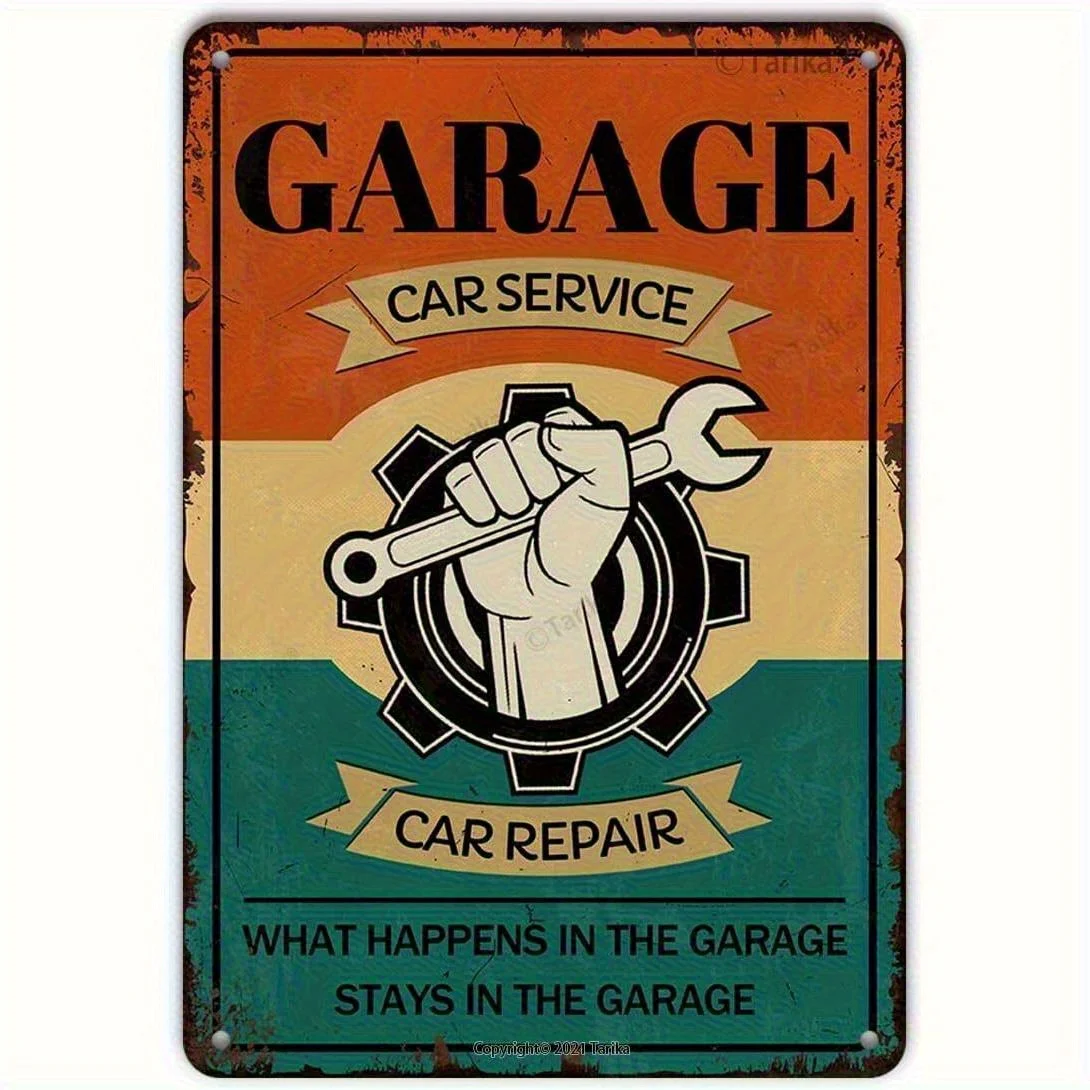 Vintage Garage Decor Metal Sign - Mechanic Workshop Wall Art with Service, Wrench Icon & Privacy Rule Orange/Teal Retro