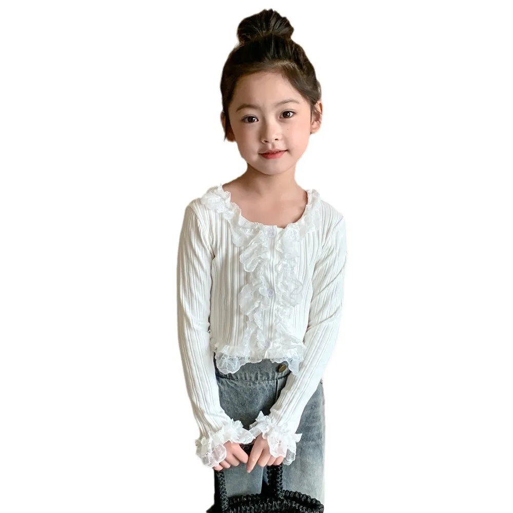 Children Clothing Girls T-shirt 2024 Spring New Fashionable Girls Sweet Lace Long Sleeve Princess Sweet Solid Color Top