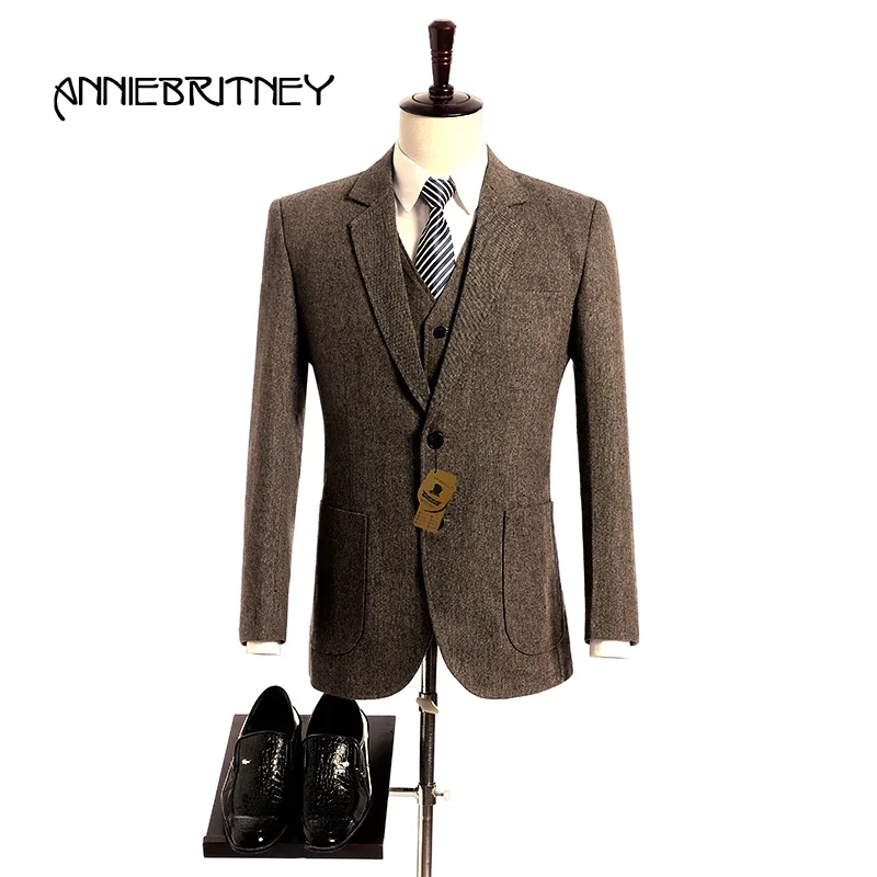 2018 Brand New Design Brown Tweed Suit Men Tuxedo Style Blazer Slim Fit 3 Piece Wedding Suit Terno Masculino jacket+Pant+Vest