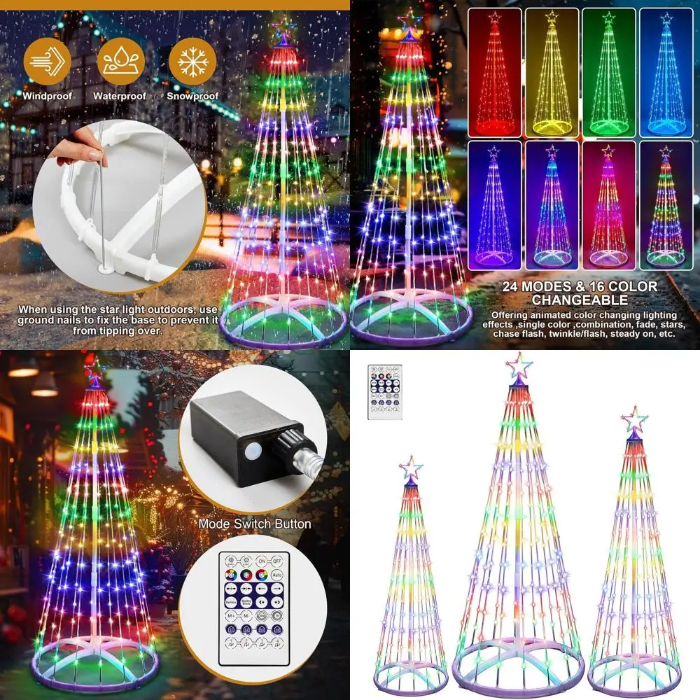 

3 Pack 3-5FT Foldable LED Cone Christmas Trees with 24 Color Modes, Waterproof Outdoor Decoration Lights for Holiday Season