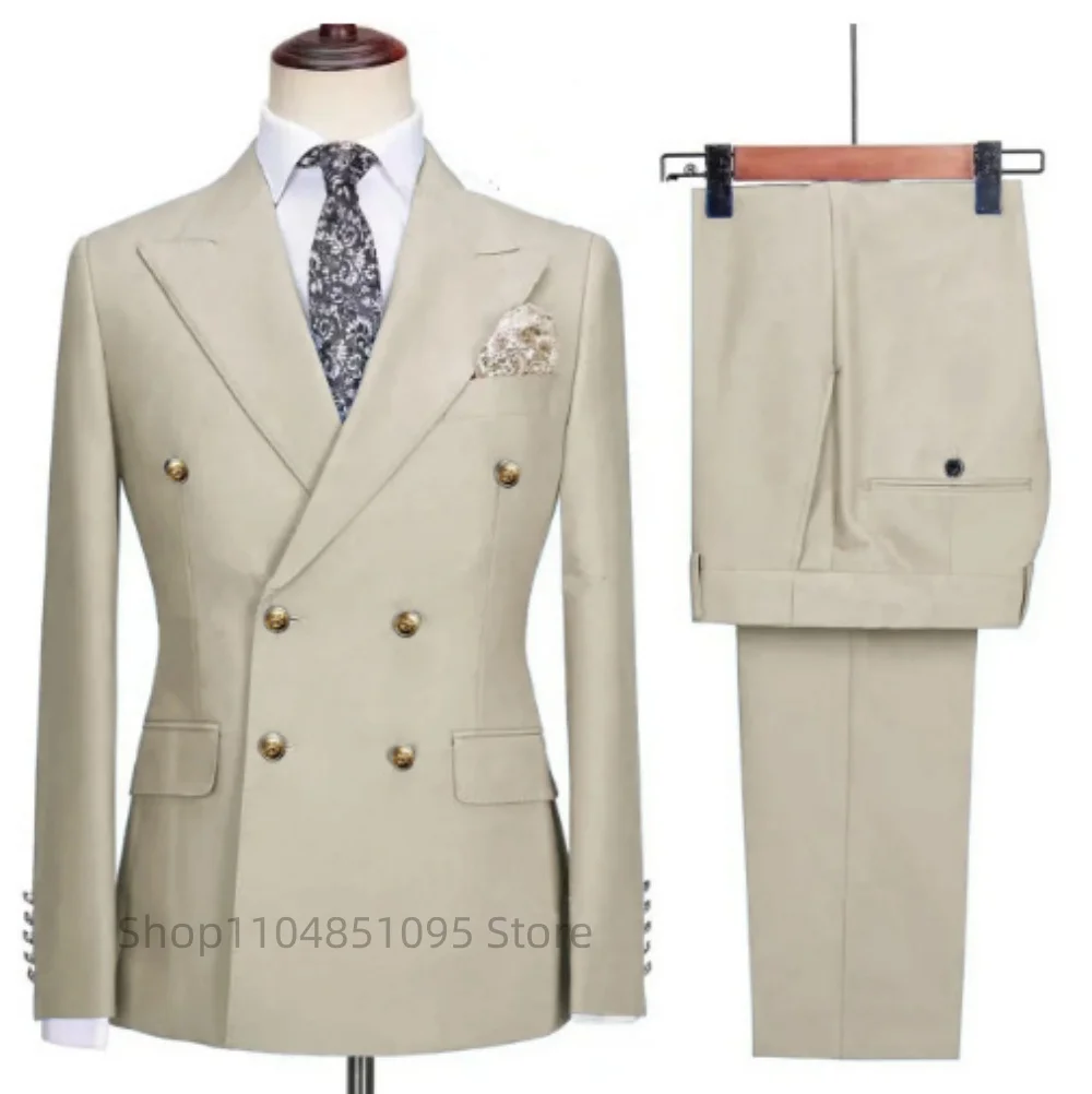 

Smart Casual Khaki Men Suits Fashion Formal Men's Business/Wedding Groom Tuxedos Peak Lapel Double Breasted Jacket Pants