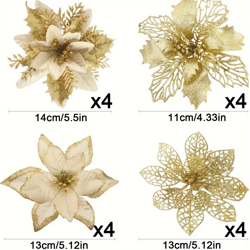 8/16 Stück glitzernde Weihnachtsdekorationen, künstliche Blumen, Weihnachtsbaum für Heimdekoration, gefälschte Blumen, Weihnachten, Neujahr, Geschenke, Ornamente – Detail 2