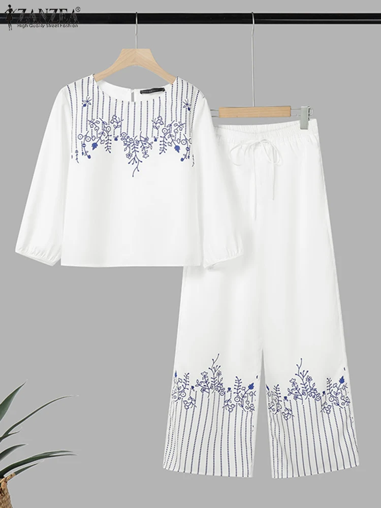 ZANZEA Frauen Breite Bein Hosen Sets Retro Gedruckt Bluse Hosen Elastische Taille Taschen Büro dame Anzüge 2025, Casual Passenden Sets