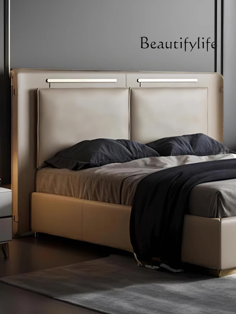 Italian Style Light Luxury Elegant Genuine Leather Modern Minimalist Master Bedroom Bed Leather Soft Bag Double Bed