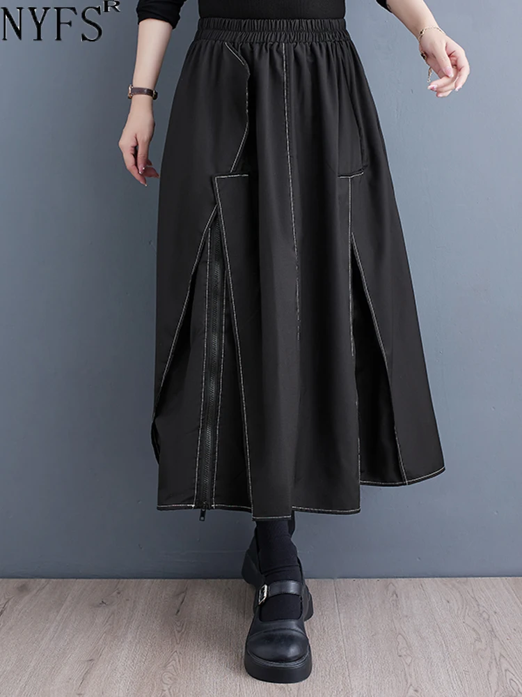 

NYFS 2023 Autumn New Vintage Women Skirts Faldas Mujer Saias Loose Plus Size High Waist Irregular Patchwork Zipper Long Skirt