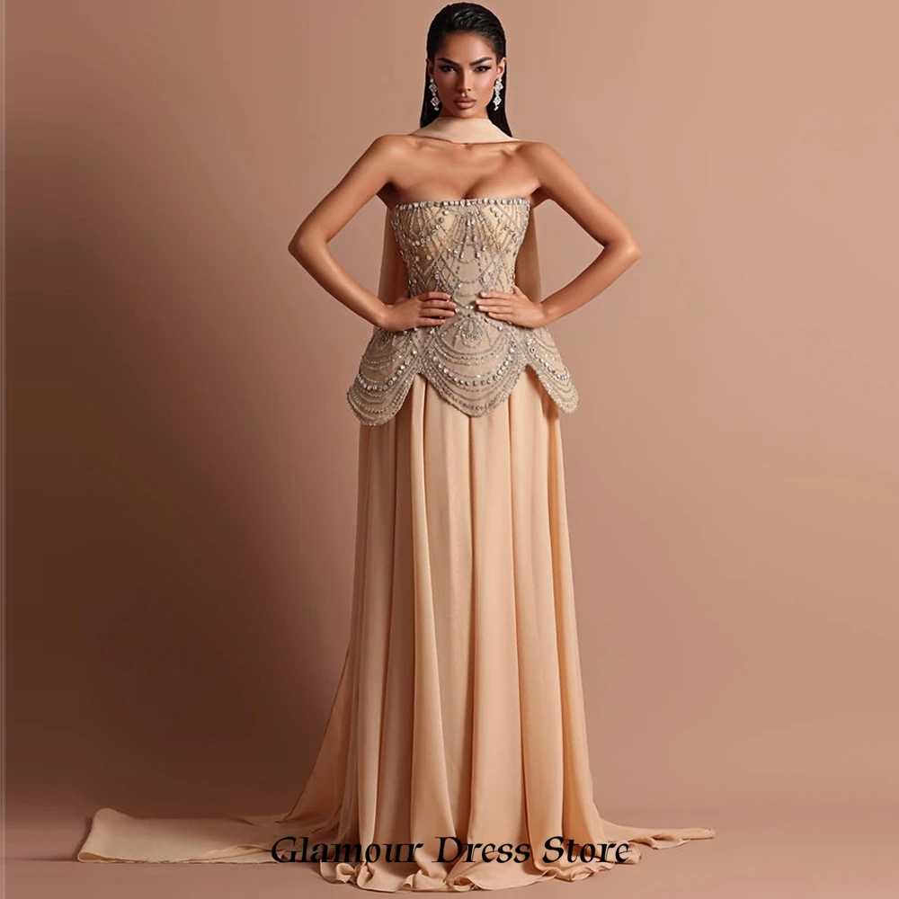 Soft Chiffon Customized Evening Dress Exquisite Strapless Sleeveless Dresses 2025 Woman Luxury Crystal Ribbons Celebrity Gowns image 3