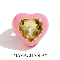 MamacitaSlay Sweet and Colorful Enamel Stainless Steel Heart Rhinestone Open Ring Party Trend Waterproof Jewelry Women's Gift