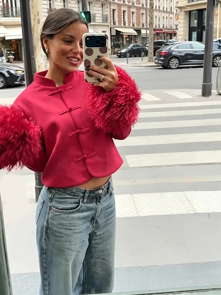 Vintage Damen Cropped Jacke mit Flauschigem Pelzmanschetten-Design, Kleiner Stehkragen, Einreihig, 2026 Neues Herbst-Winter-Street-Outfit – Detail 4
