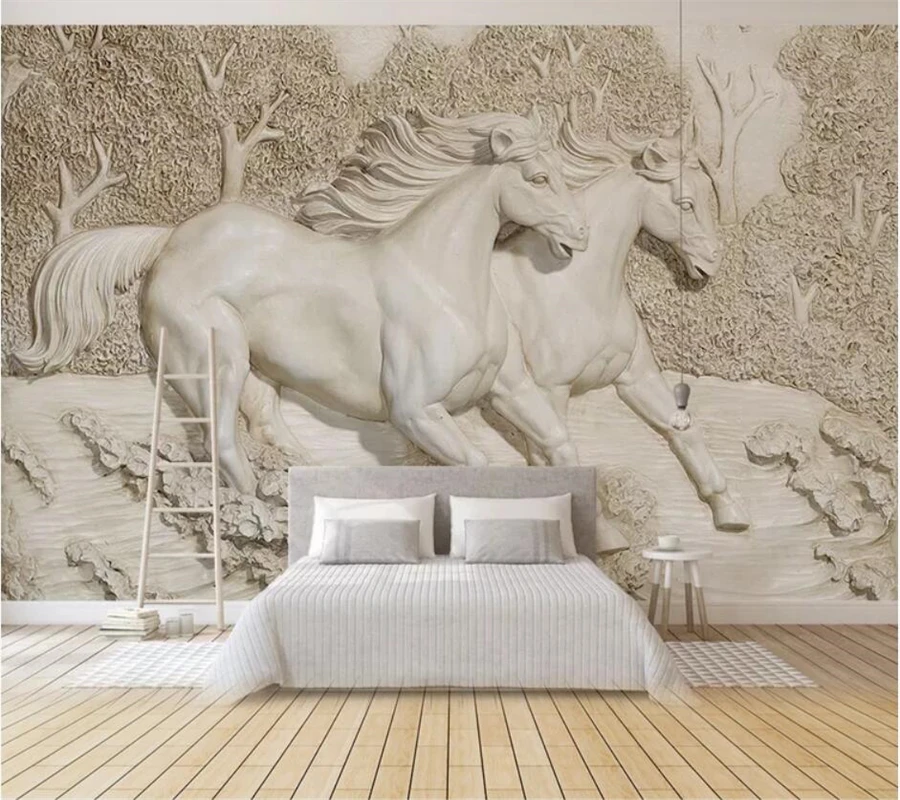 Custom 3D stereo wallpaper papel de parede embossed white horse TV background wall living room bedroom clothing store wallpaper