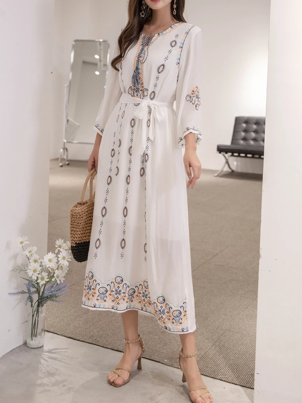 Jastie – robe mi-longue brodée à fleurs, style Boho, col rond, manches longues, décontracté, élégant, vacances, fête, été, 2022