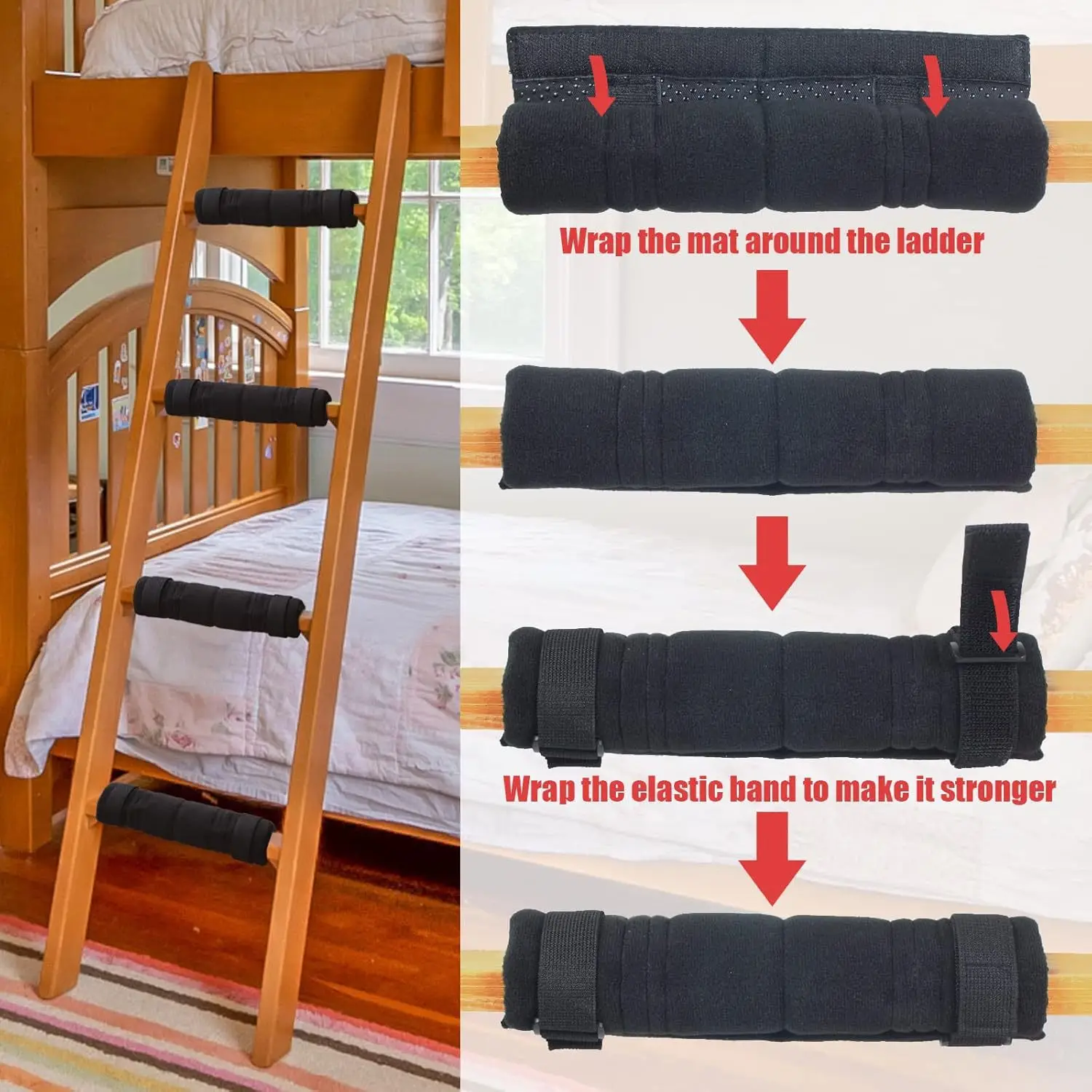4pcs Soft With 8 Adjustable Hook Bunk Bed Ladder Pads Loop Straps Anti-Slip Loft Bed Ladder Pads Bed Step Pad Cover Room