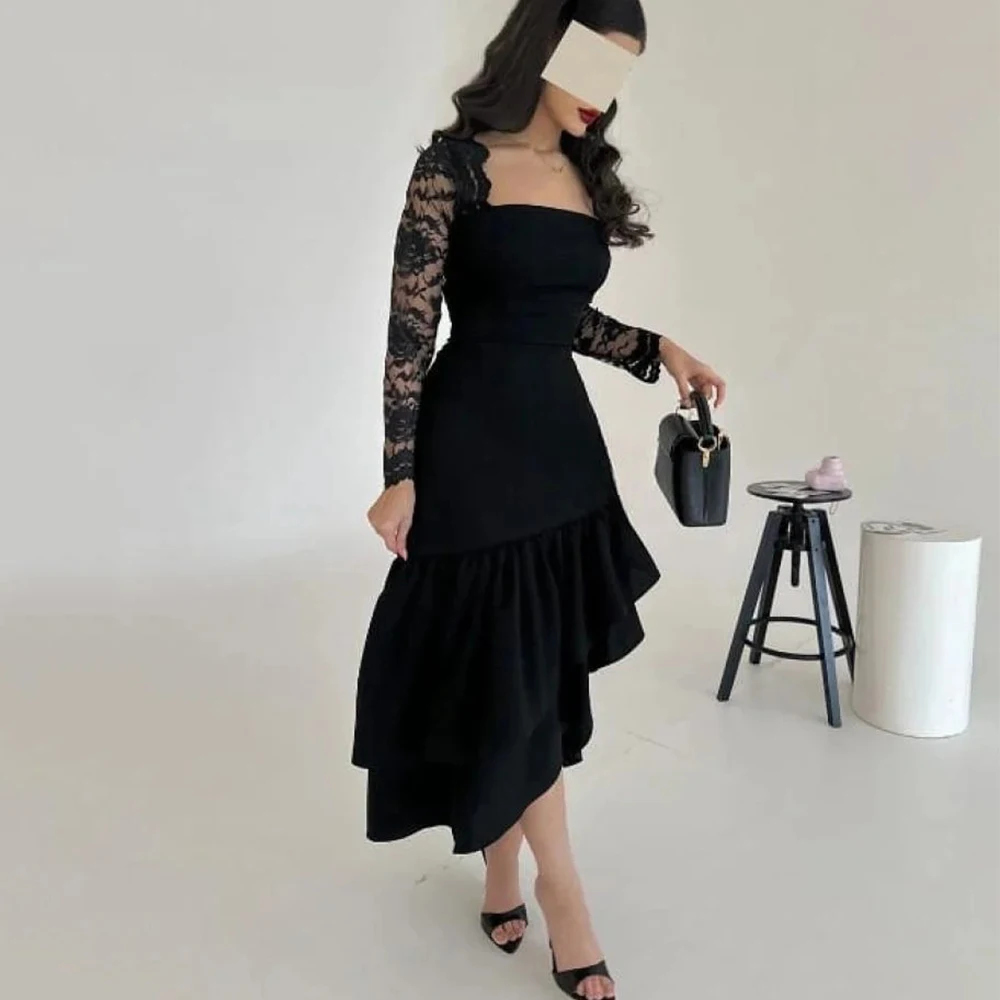 

Arya Black Short Evening Dress Square Collar Lace Illusion Long Sleeve Women Customized Sheath Tea-Length فساتين حفلة موسيقية