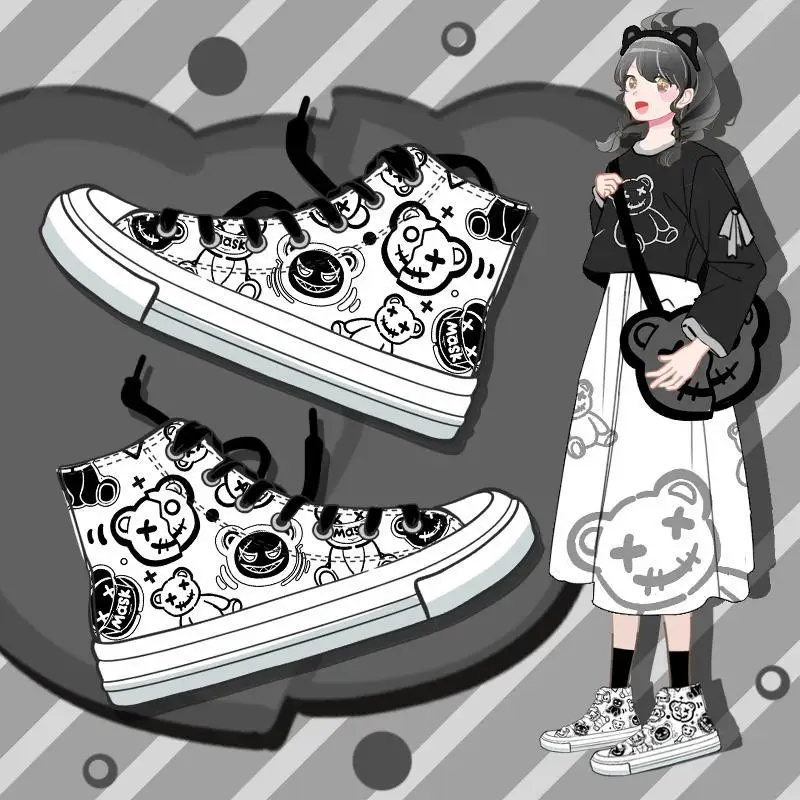 Real Photo picture Cartoon Graffiti Shoes Summer Breathable Explosions Niche Tide Cool Personality High-top Canvas Shoes Girls