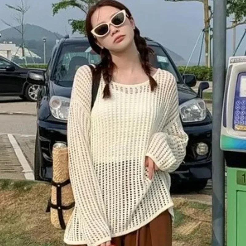 Summer Female  Loose Casual Personality Harajuku Solid Pullovers Women Breathable Hollow Out Lazy Style Japanese Version Sweater