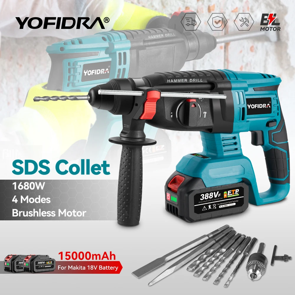 YOFIDRA 26MM Brushless Electric Hammer Drill Multifunctional Rotary Cordless Rechargeable Power Tools For Makita 18V Battery