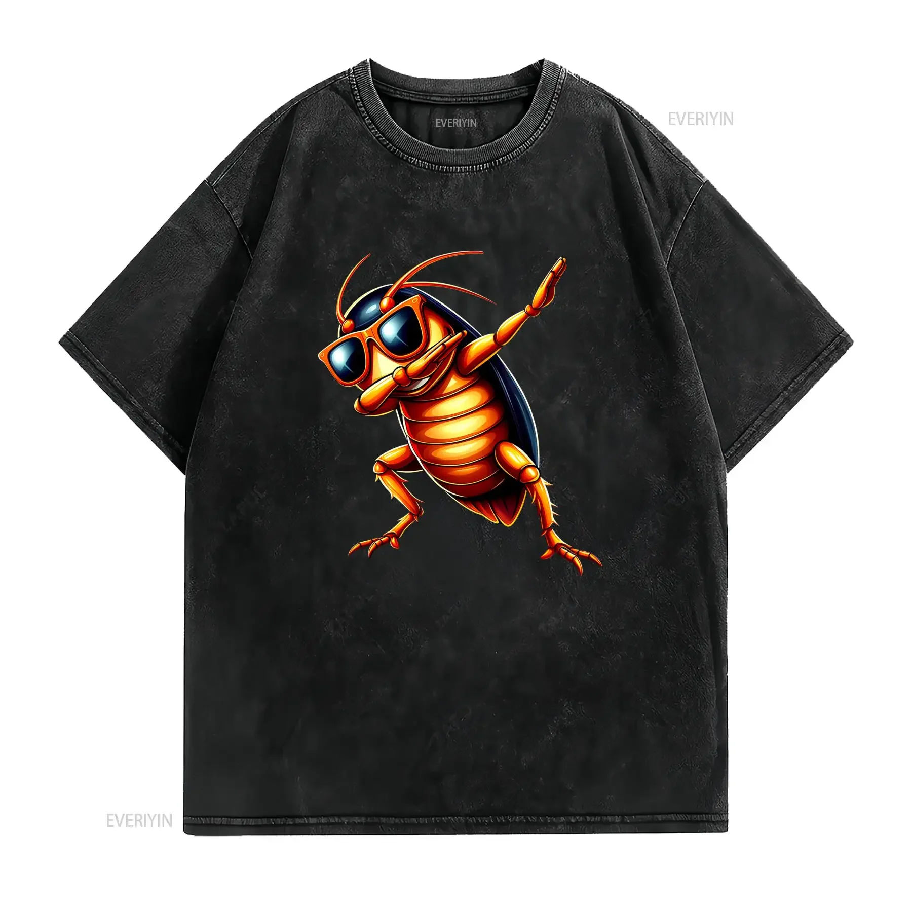 Cool Funny Cartoon Dab Pose Sunglasses Cockroach Streetwear Print Casual T Shirt vintage Washed Soft graphic Stylish Versatile