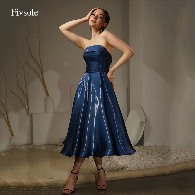 

Fivsole Shiny Navy Blue Strapless Prom Gowns A Line Party Gown Tea Length Evening Dress платье женское Customized