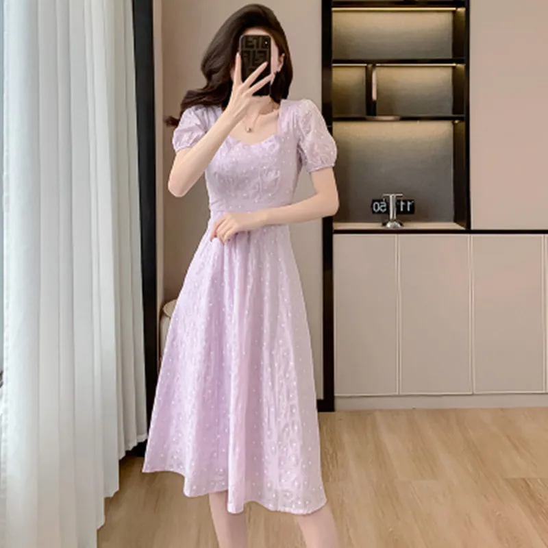 

Polka Dot Square Collar Puffy Sleeves High Quality Fashion Runway Dress 2024 Summer New Women Chic Beautiful A-Line Dress