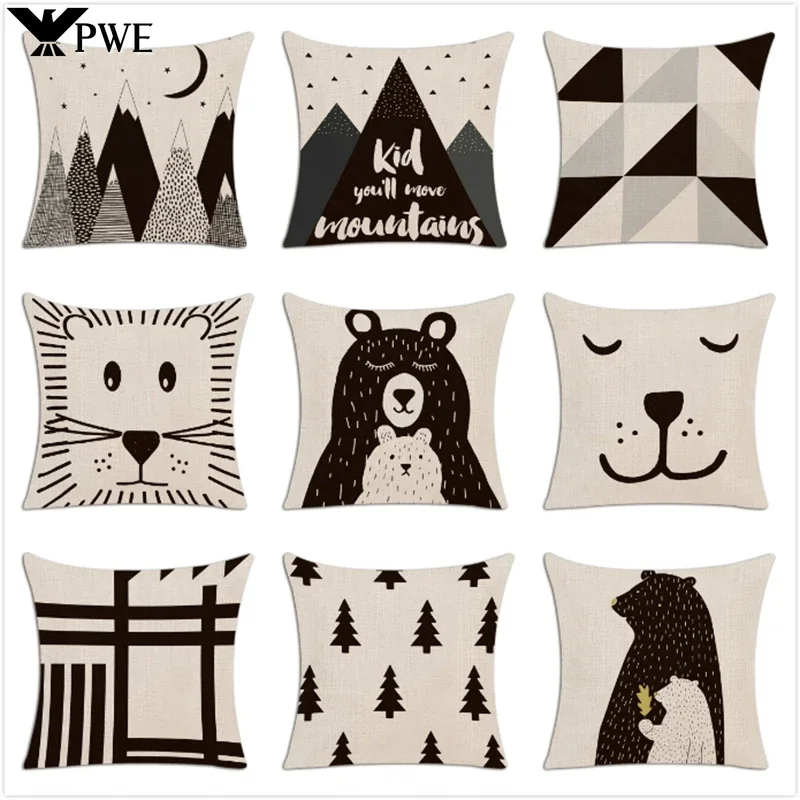 

2023 Cute Black Bear Children Cushion Cover Hand Painted Cartoon Animals Pillow Case Nordic Style Forest Mountain Pillows Covers