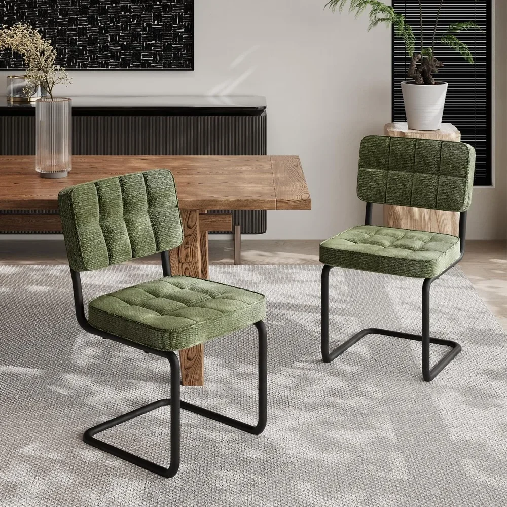 Nowoczesne, zielone krzesła do jadalni typu cantilever, zestaw 4 sztuk, krzesła boczne bez podłokietników w stylu mid-century z tapicerowanym siedziskiem i oparciem.