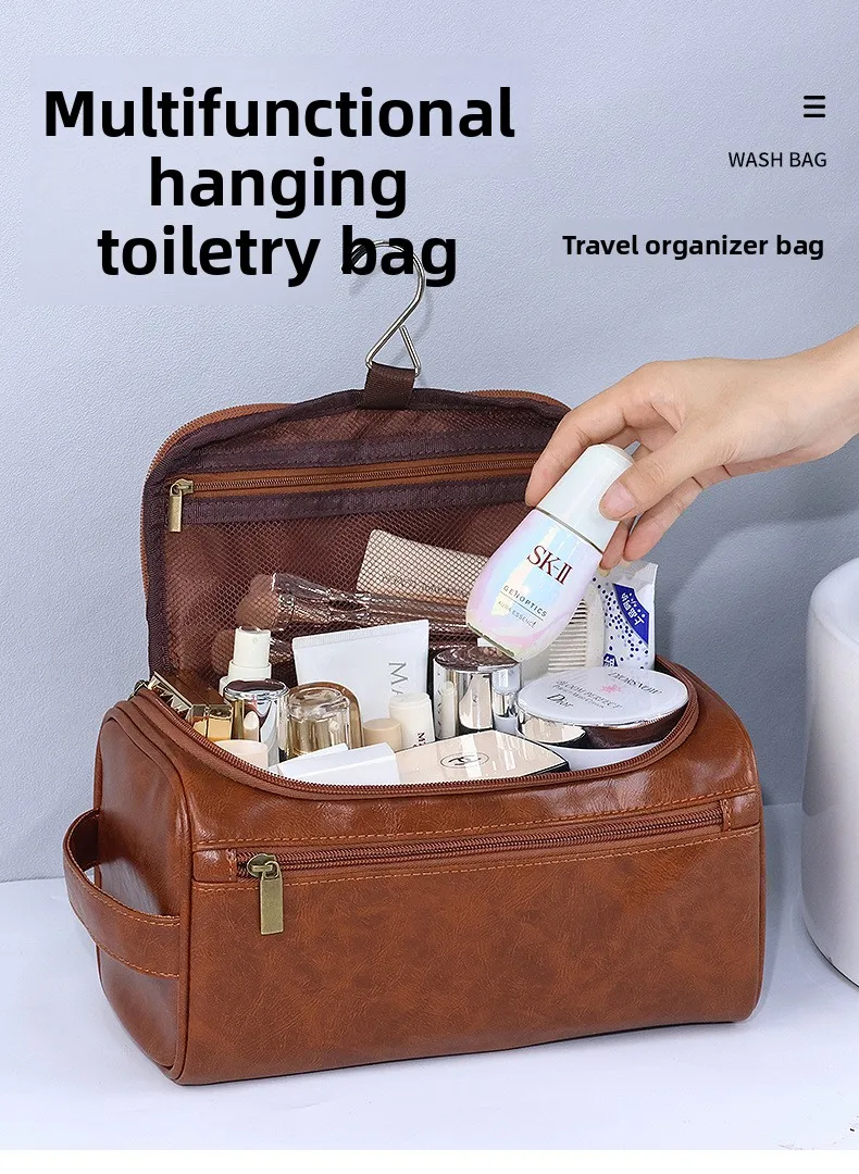 Herren PU Vintage Luxus-Kulturtasche, Reise-Essential, Business-Kosmetiktasche, Make-up-Etui, Herren-Hängeaufbewahrungsorganizer, Waschtaschen – Detail 12