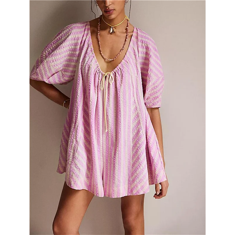 A09P – barboteuse surdimensionnée à rayures pour femmes, combinaison short, vêtements de plage et de vacances avec poches