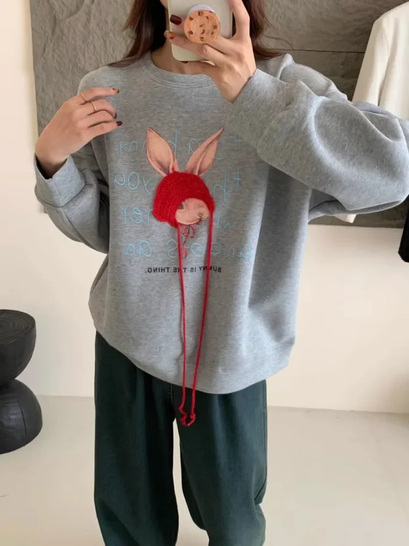 

Sweet Hot Girl Knitted Red Hat Crew Neck Pullover Women's Autumn/winter Loose Long-sleeved Pullover Fashion Female Clothes