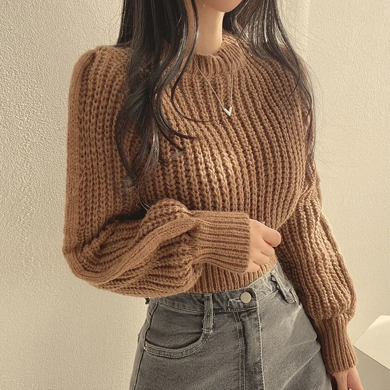 Korean Style Puff Long Sleeve Short Sweater Autumn Winter O-neck Solid Women\'s Clothes Fashion Loose Pullover Knitted Tops 28813