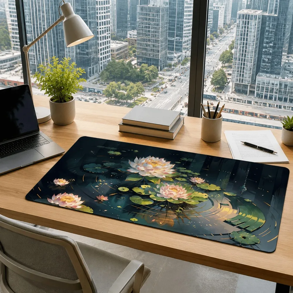 Mouse pad with extended design, lotus pond floral table mat, water lily art print keyboard mouse pad, suitable for office use