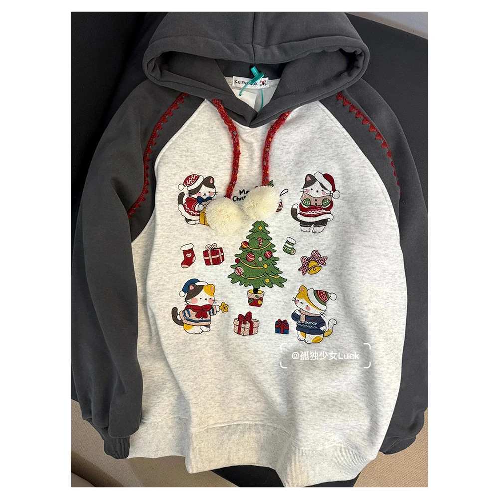 Retro contrasting hooded sweatshirt for women in autumn and winter, color blocking and velvet top, casual jacket trend